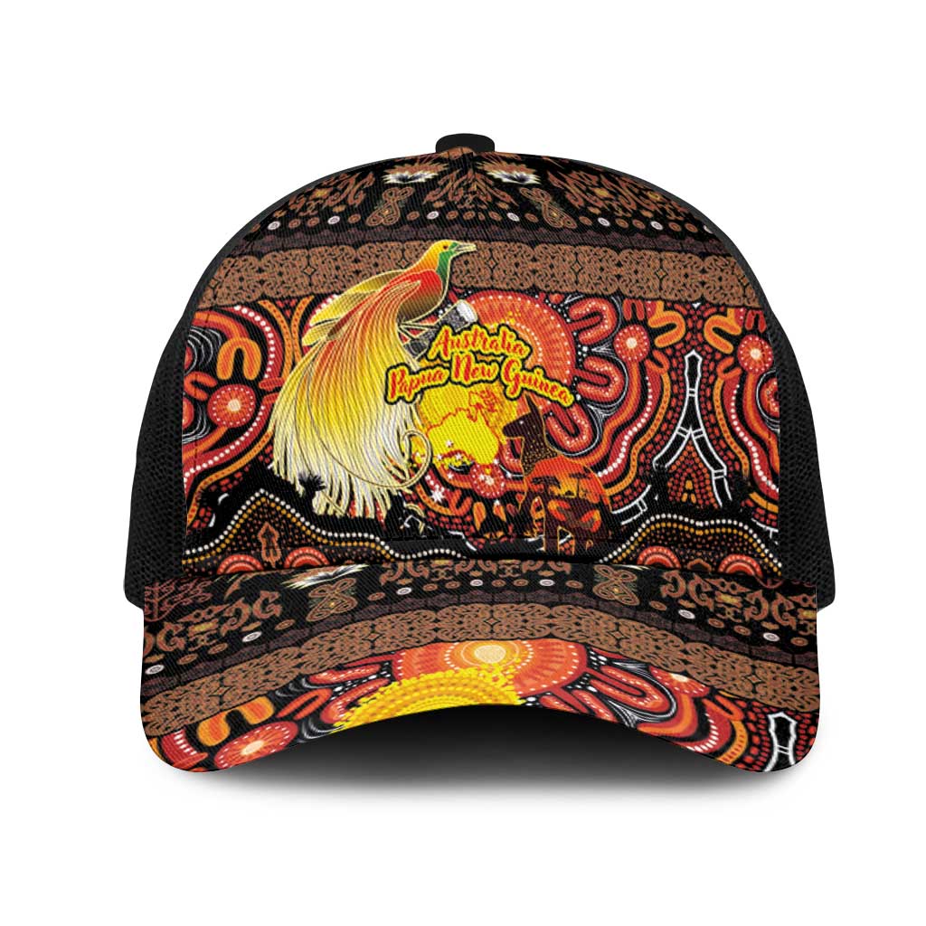 Australia and Papua New Guinea Together Mesh Trucker Cap Kangaroo Aboriginal Art and Bird-of-paradise with Oro Tribal Motifs LT03 One Size Black Black - Polynesian Pride