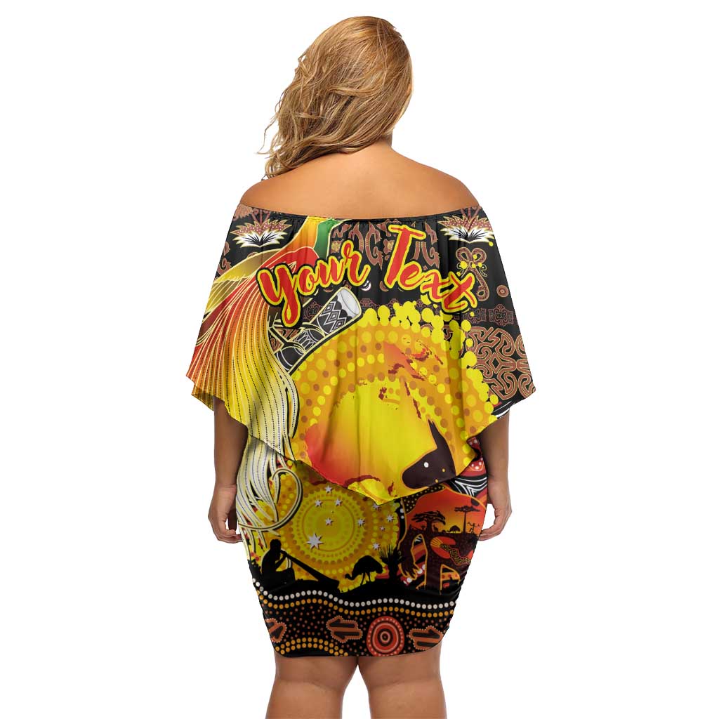 Personalized Australia and Papua New Guinea Together Off Shoulder Short Dress Kangaroo Aboriginal Art and Bird-of-paradise Oro Tribal Motifs LT03 - Polynesian Pride