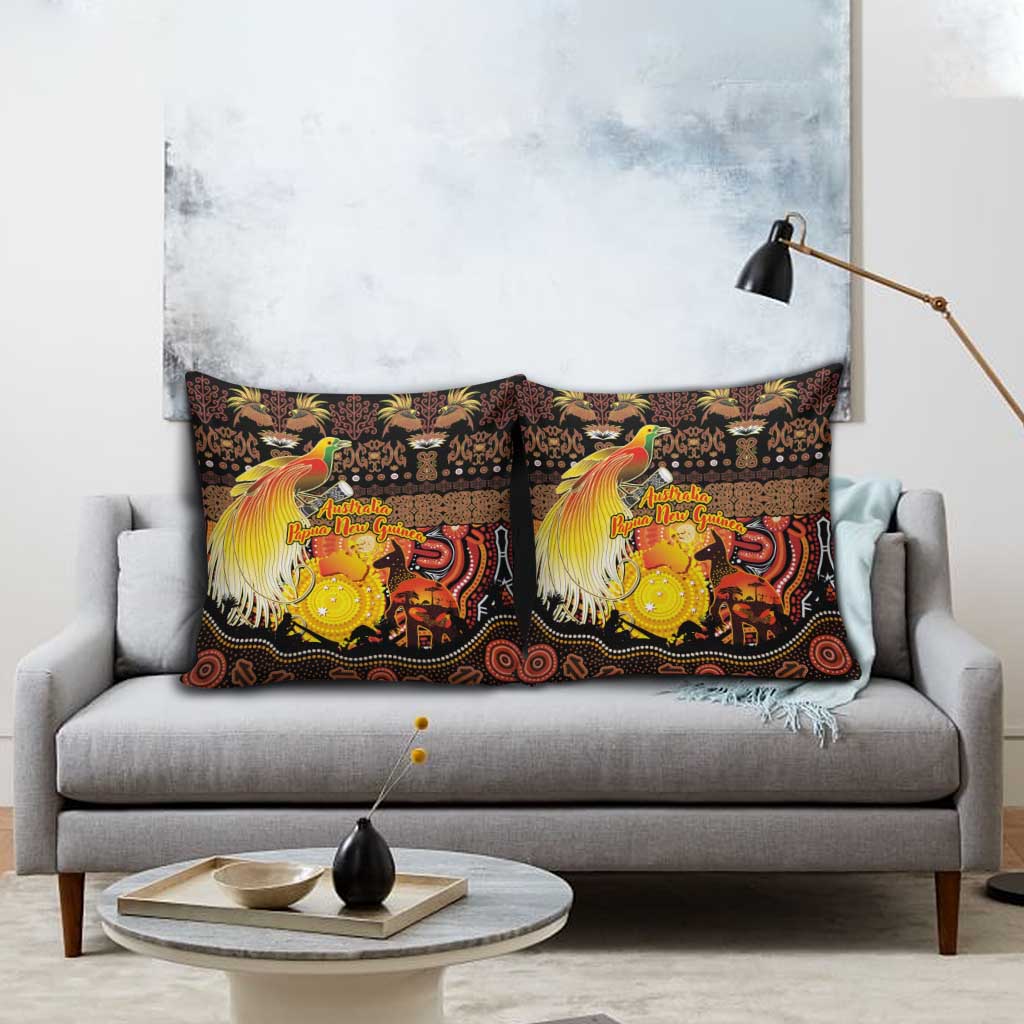 Australia and Papua New Guinea Together Pillow Cover Kangaroo Aboriginal Art and Bird-of-paradise Oro Tribal Motifs LT03 - Polynesian Pride