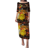 Personalized Australia and Papua New Guinea Together Puletasi Kangaroo Aboriginal Art and Bird-of-paradise Oro Tribal Motifs LT03 Long Dress Black - Polynesian Pride