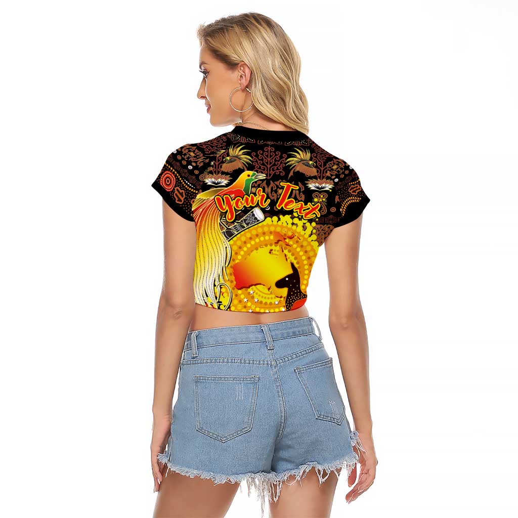 Personalized Australia and Papua New Guinea Together Raglan Cropped T Shirt Kangaroo Aboriginal Art and Bird-of-paradise Oro Tribal Motifs LT03 - Polynesian Pride