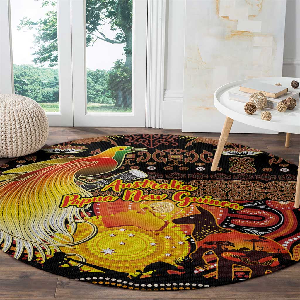 Australia and Papua New Guinea Together Round Carpet Kangaroo Aboriginal Art and Bird-of-paradise Oro Tribal Motifs LT03 - Polynesian Pride
