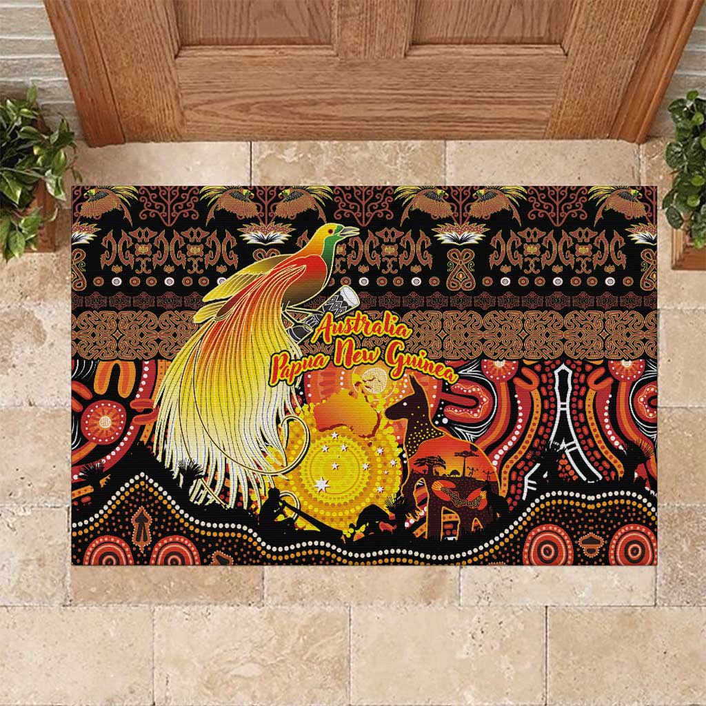 Australia and Papua New Guinea Together Rubber Doormat Kangaroo Aboriginal Art and Bird-of-paradise Oro Tribal Motifs LT03 Black - Polynesian Pride