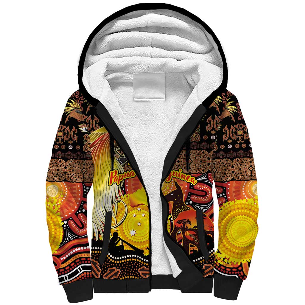 Personalized Australia and Papua New Guinea Together Sherpa Hoodie Kangaroo Aboriginal Art and Bird-of-paradise Oro Tribal Motifs LT03 Unisex Black - Polynesian Pride