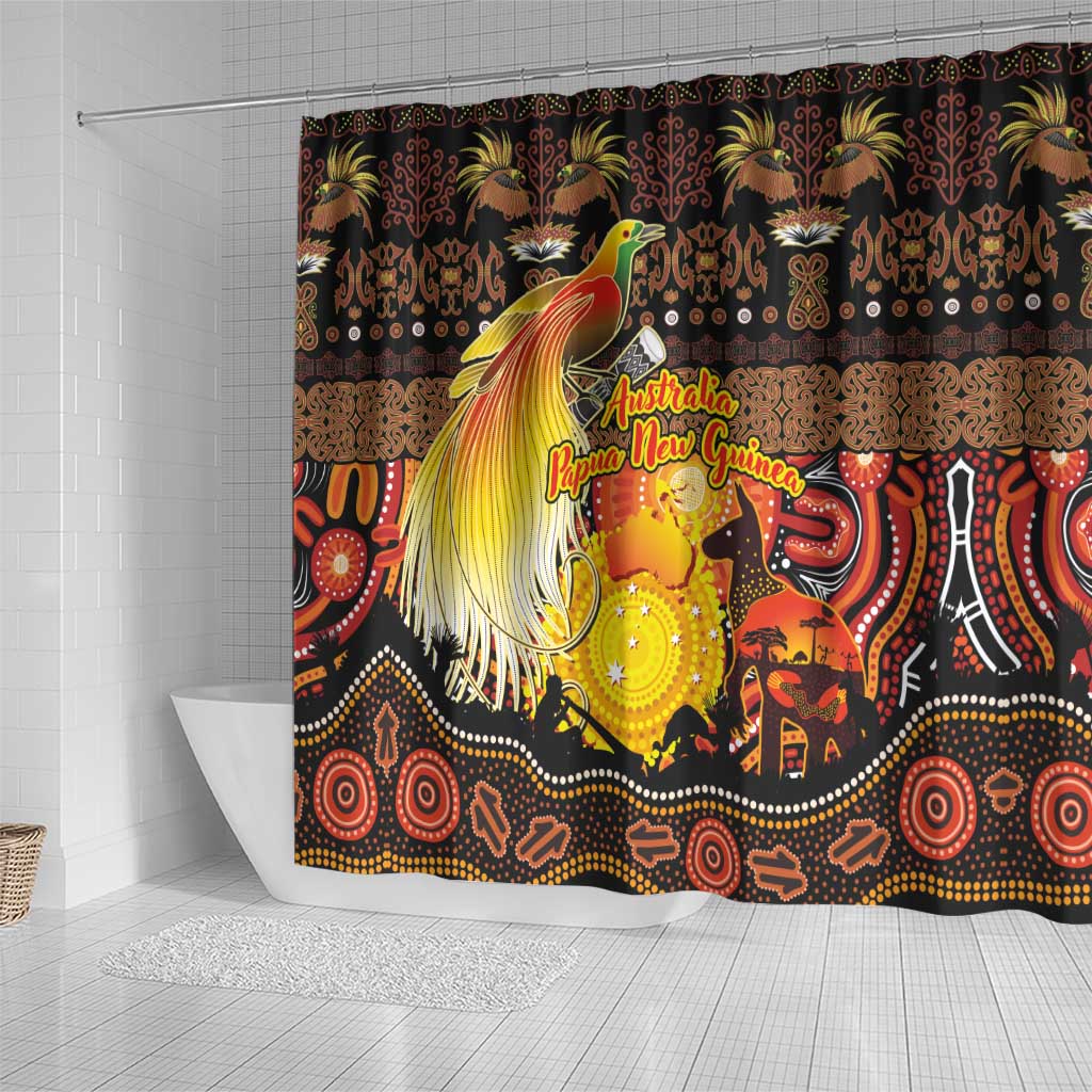 Australia and Papua New Guinea Together Shower Curtain Kangaroo Aboriginal Art and Bird-of-paradise Oro Tribal Motifs LT03 - Polynesian Pride