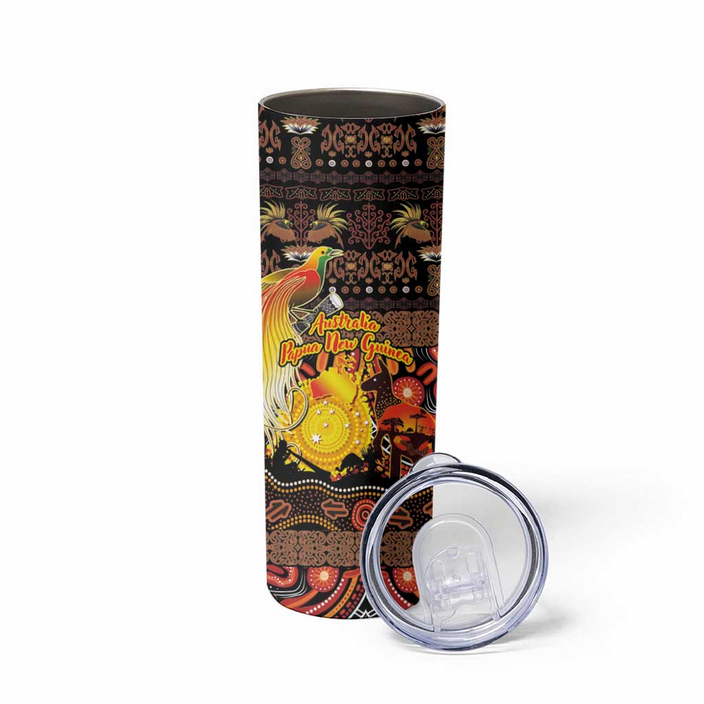 Personalized Australia and Papua New Guinea Together Skinny Tumbler Kangaroo Aboriginal Art and Bird-of-paradise Oro Tribal Motifs LT03 - Polynesian Pride