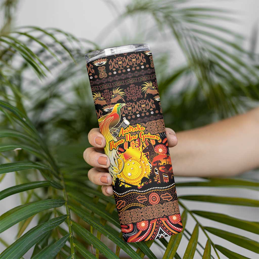 Personalized Australia and Papua New Guinea Together Skinny Tumbler Kangaroo Aboriginal Art and Bird-of-paradise Oro Tribal Motifs LT03 - Polynesian Pride