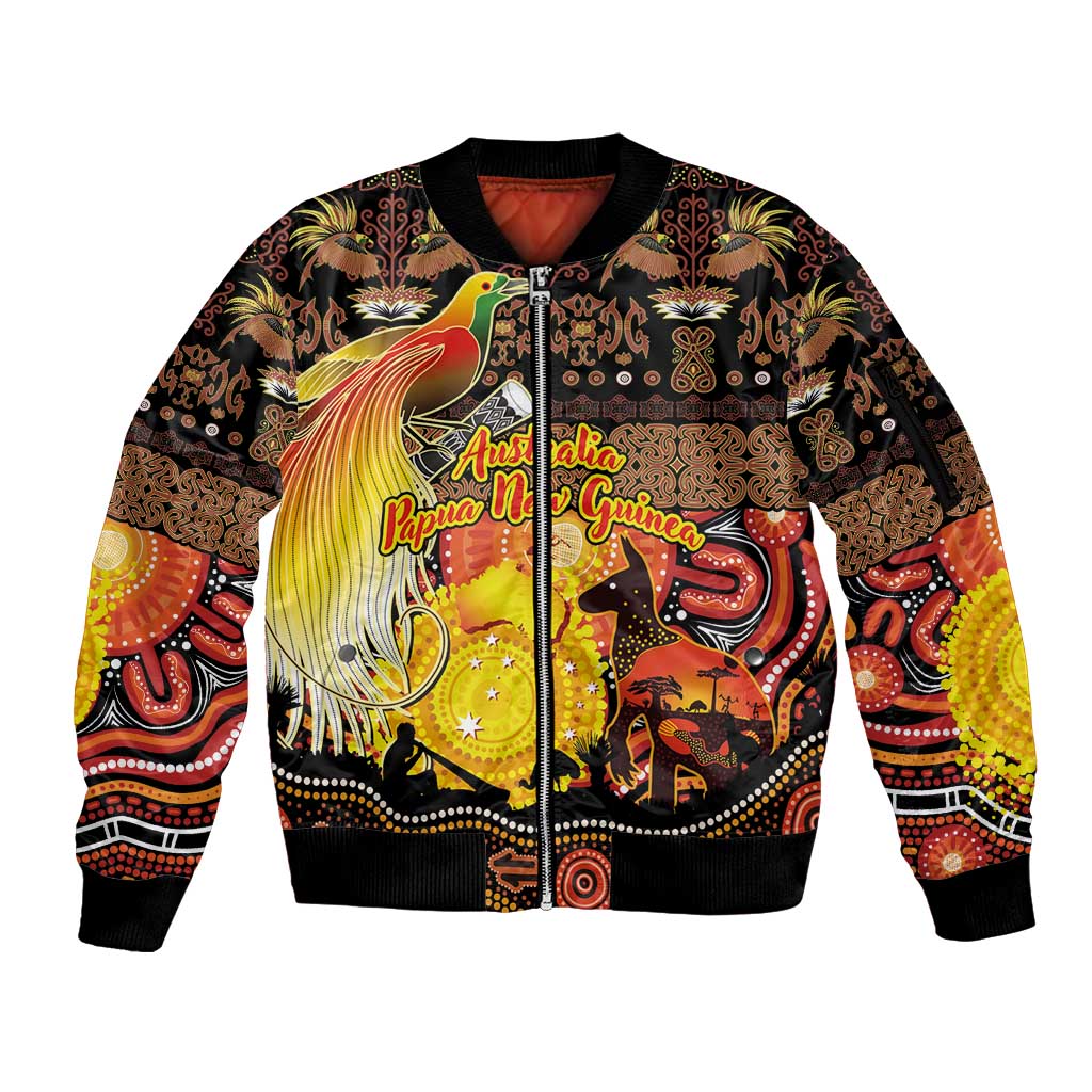 Personalized Australia and Papua New Guinea Together Sleeve Zip Bomber Jacket Kangaroo Aboriginal Art and Bird-of-paradise Oro Tribal Motifs LT03 Unisex Black - Polynesian Pride