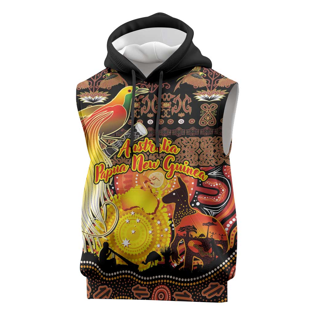 Personalized Australia and Papua New Guinea Together Sleeveless Hoodie Kangaroo Aboriginal Art and Bird-of-paradise Oro Tribal Motifs LT03 Black - Polynesian Pride