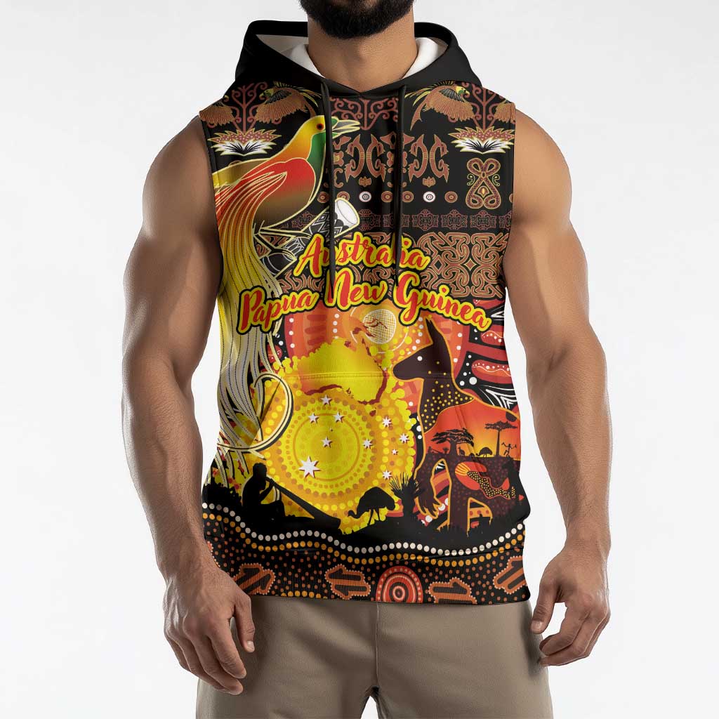 Personalized Australia and Papua New Guinea Together Sleeveless Hoodie Kangaroo Aboriginal Art and Bird-of-paradise Oro Tribal Motifs LT03 - Polynesian Pride