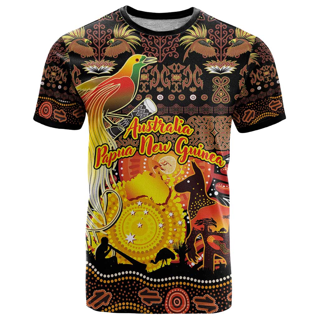 Personalized Australia and Papua New Guinea Together T Shirt Kangaroo Aboriginal Art and Bird-of-paradise Oro Tribal Motifs LT03 Black - Polynesian Pride