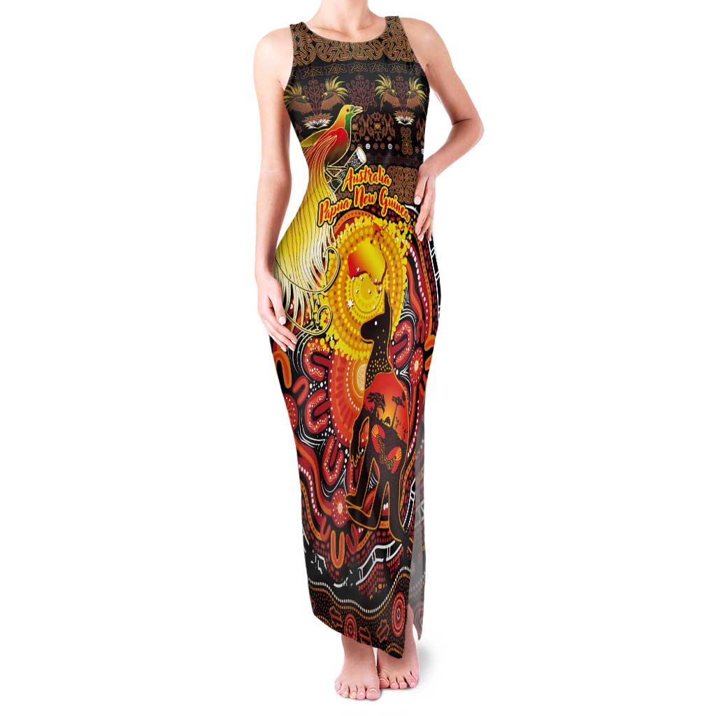 Personalized Australia and Papua New Guinea Together Tank Maxi Dress Kangaroo Aboriginal Art and Bird-of-paradise Oro Tribal Motifs LT03 Women Black - Polynesian Pride