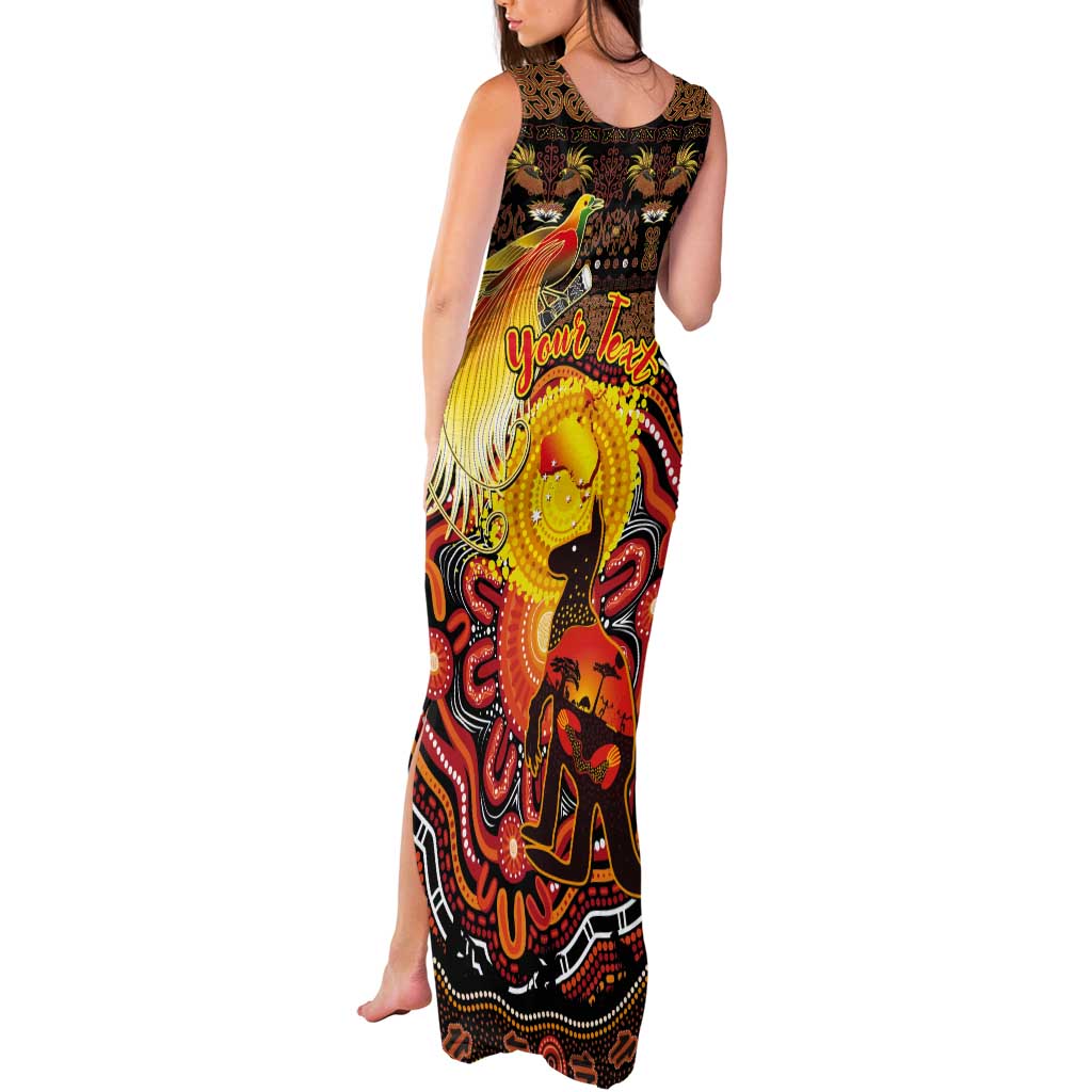 Personalized Australia and Papua New Guinea Together Tank Maxi Dress Kangaroo Aboriginal Art and Bird-of-paradise Oro Tribal Motifs LT03 - Polynesian Pride