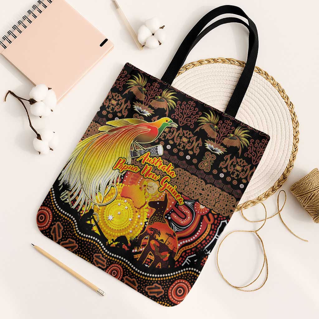 Australia and Papua New Guinea Together Tote Bag Kangaroo Aboriginal Art and Bird-of-paradise Oro Tribal Motifs - Polynesian Pride
