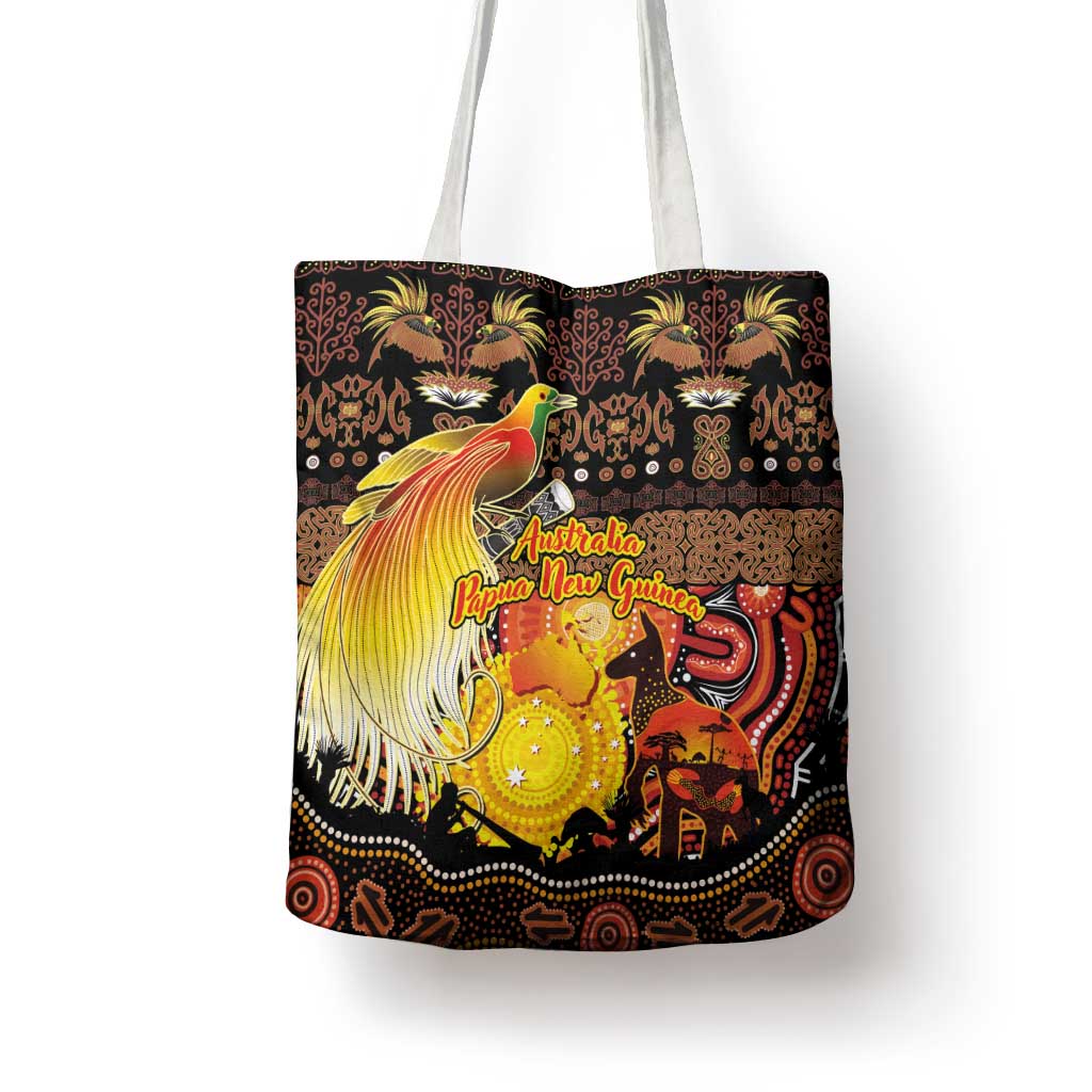 Australia and Papua New Guinea Together Tote Bag Kangaroo Aboriginal Art and Bird-of-paradise Oro Tribal Motifs - Polynesian Pride