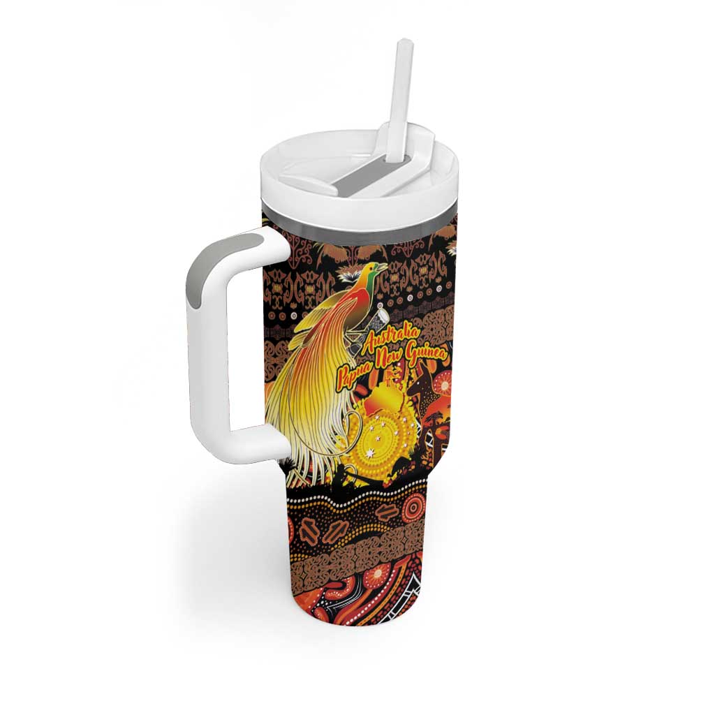 Personalized Australia and Papua New Guinea Together Tumbler With Handle Kangaroo Aboriginal Art and Bird-of-paradise Oro Tribal Motifs LT03 - Polynesian Pride