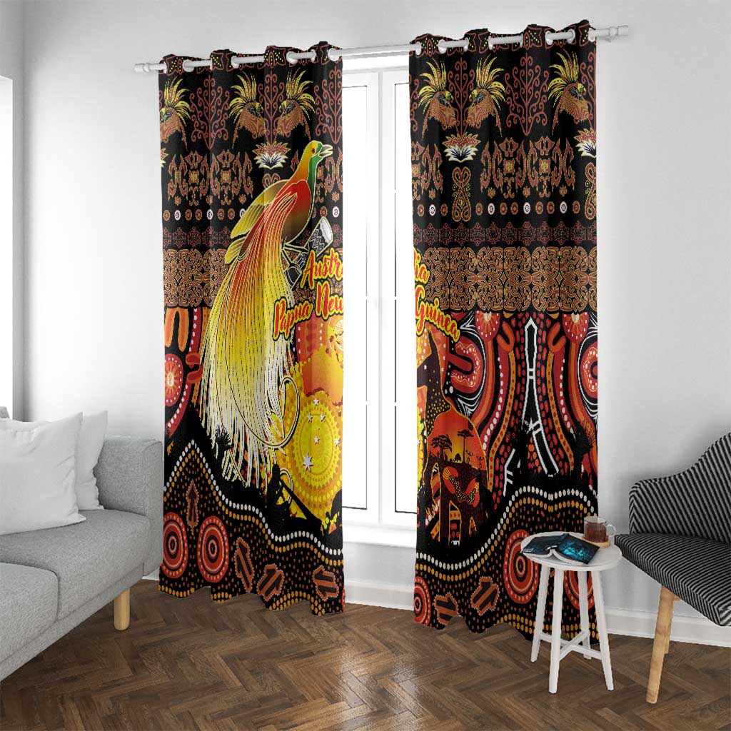 Australia and Papua New Guinea Together Window Curtain Kangaroo Aboriginal Art and Bird-of-paradise Oro Tribal Motifs LT03 With Grommets Black - Polynesian Pride