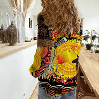 Personalized Australia and Papua New Guinea Together Women Casual Shirt Kangaroo Aboriginal Art and Bird-of-paradise Oro Tribal Motifs LT03 - Polynesian Pride