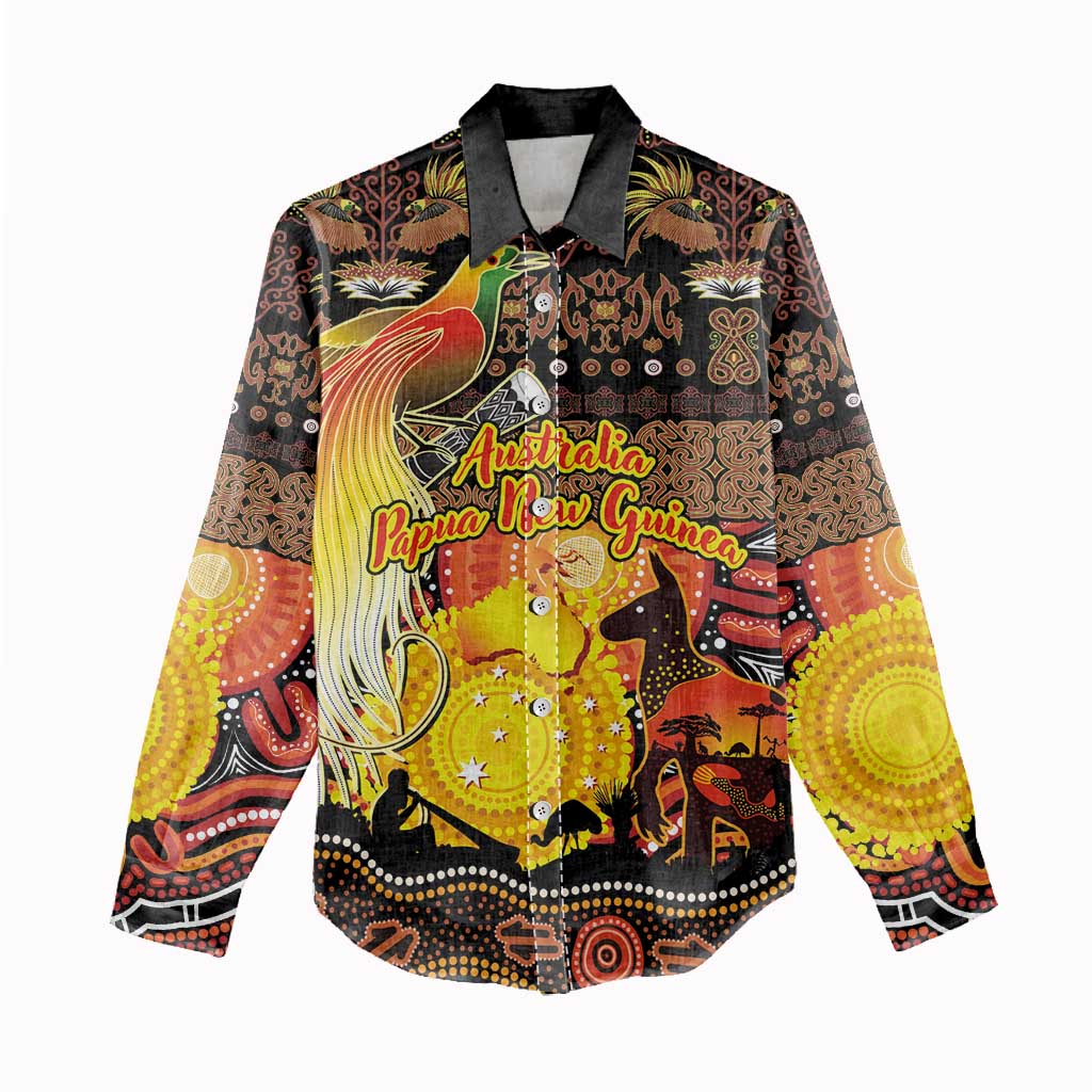Personalized Australia and Papua New Guinea Together Women Casual Shirt Kangaroo Aboriginal Art and Bird-of-paradise Oro Tribal Motifs LT03 - Polynesian Pride