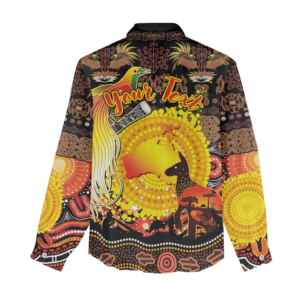 Personalized Australia and Papua New Guinea Together Women Casual Shirt Kangaroo Aboriginal Art and Bird-of-paradise Oro Tribal Motifs LT03 - Polynesian Pride