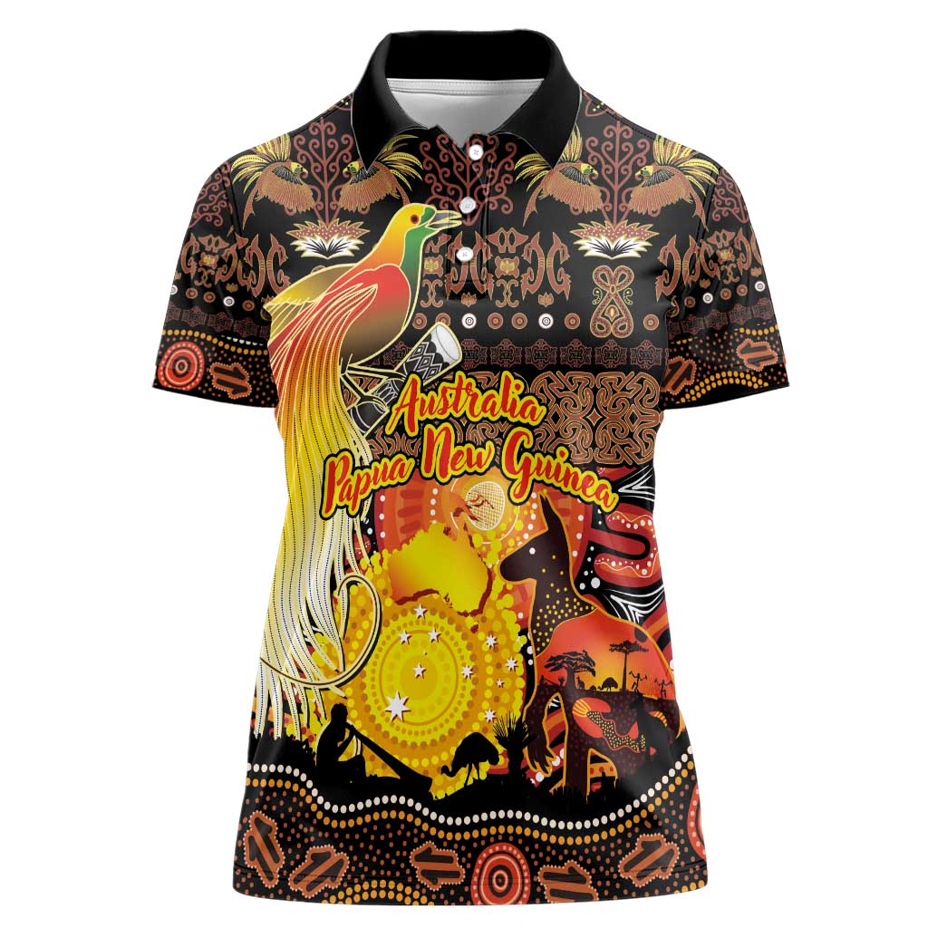 Personalized Australia and Papua New Guinea Together Women Polo Shirt Kangaroo Aboriginal Art and Bird-of-paradise Oro Tribal Motifs LT03 Female Black - Polynesian Pride