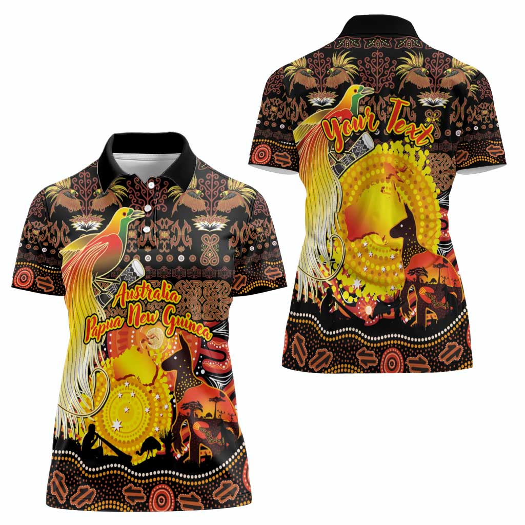 Personalized Australia and Papua New Guinea Together Women Polo Shirt Kangaroo Aboriginal Art and Bird-of-paradise Oro Tribal Motifs LT03 - Polynesian Pride