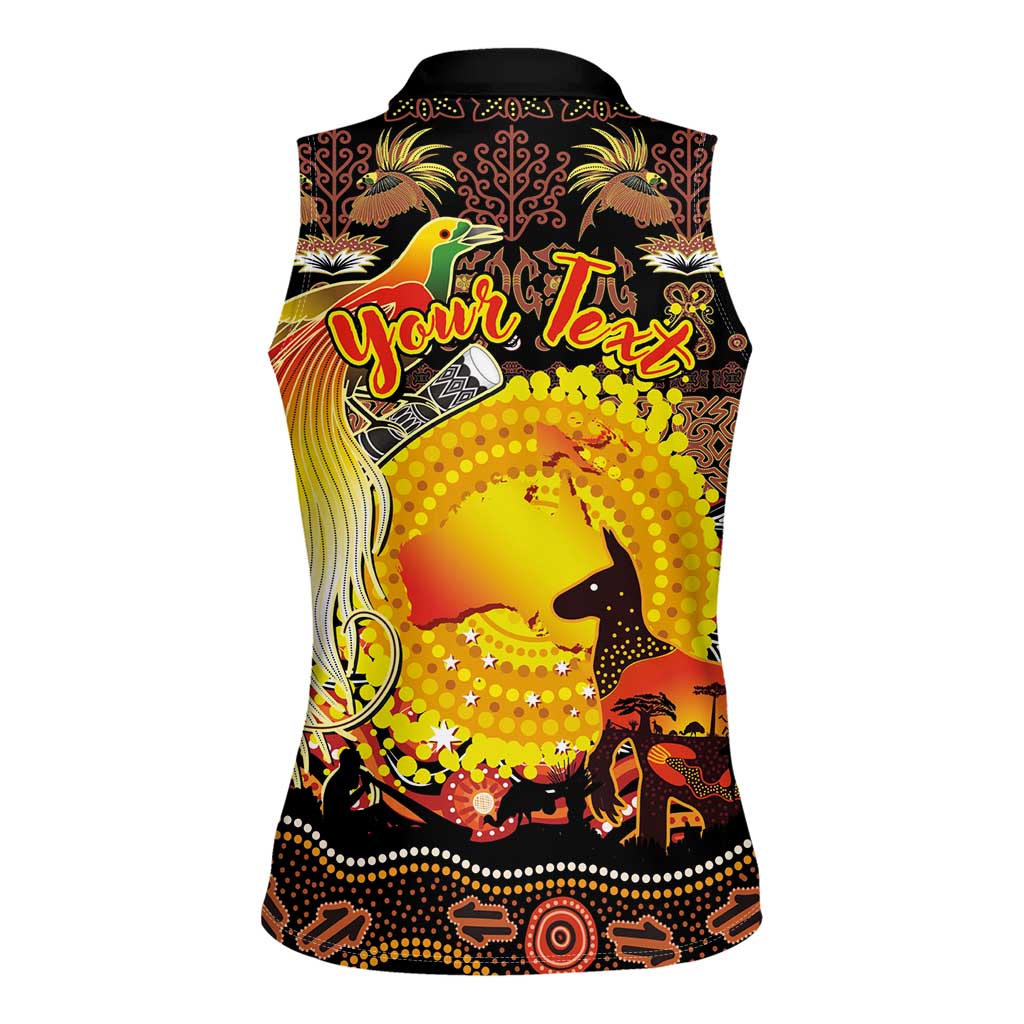 Personalized Australia and Papua New Guinea Together Women Sleeveless Polo Shirt Kangaroo Aboriginal Art and Bird-of-paradise Oro Tribal Motifs LT03 - Polynesian Pride
