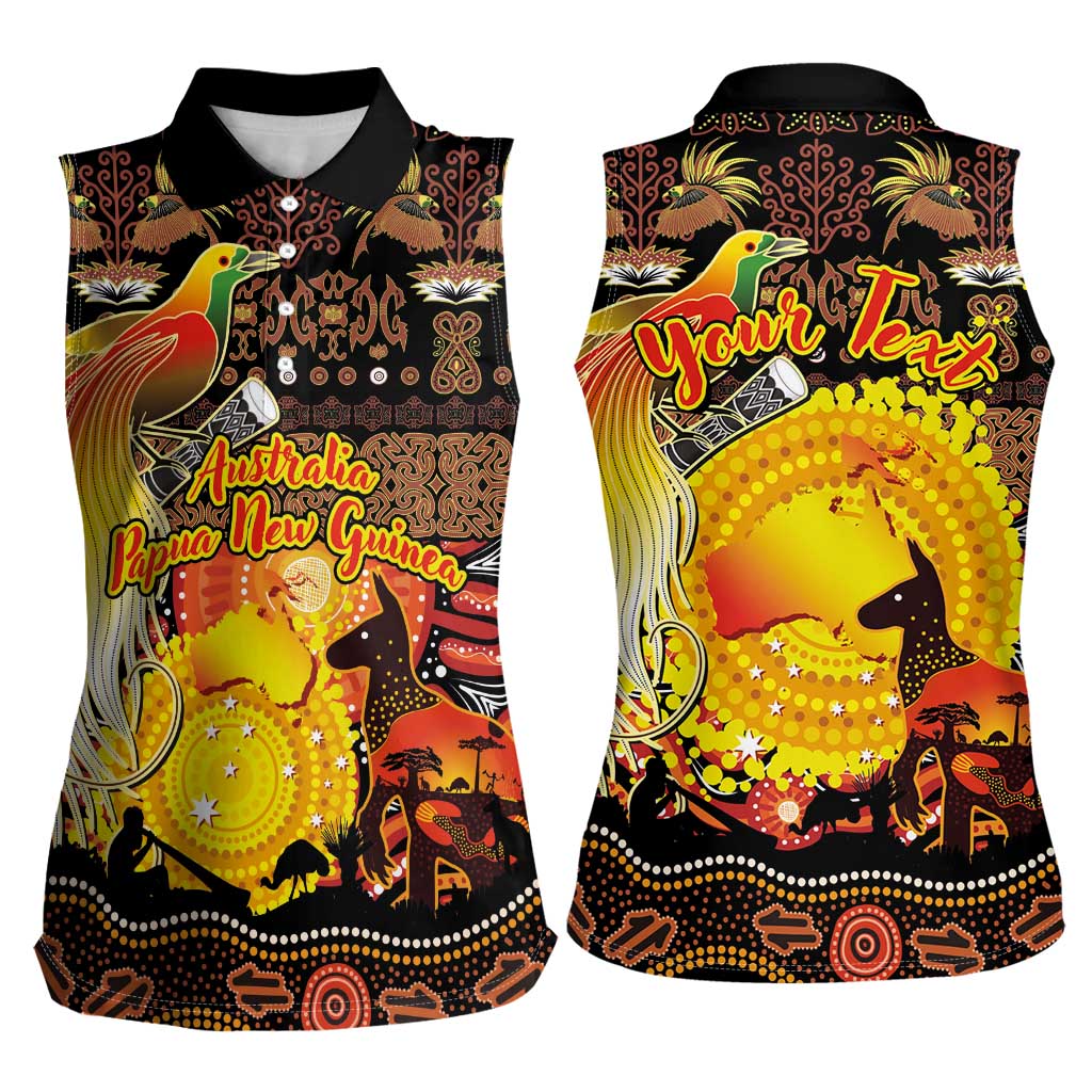 Personalized Australia and Papua New Guinea Together Women Sleeveless Polo Shirt Kangaroo Aboriginal Art and Bird-of-paradise Oro Tribal Motifs LT03 - Polynesian Pride