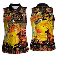 Personalized Australia and Papua New Guinea Together Women Sleeveless Polo Shirt Kangaroo Aboriginal Art and Bird-of-paradise Oro Tribal Motifs LT03 - Polynesian Pride