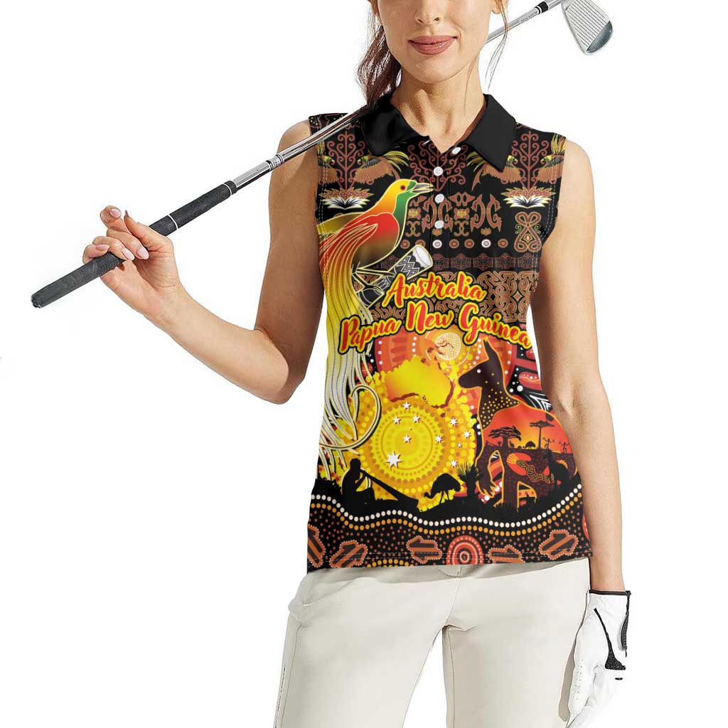Personalized Australia and Papua New Guinea Together Women Sleeveless Polo Shirt Kangaroo Aboriginal Art and Bird-of-paradise Oro Tribal Motifs LT03 - Polynesian Pride