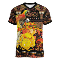 Personalized Australia and Papua New Guinea Together Women V-Neck T-Shirt Kangaroo Aboriginal Art and Bird-of-paradise Oro Tribal Motifs LT03 Female Black - Polynesian Pride