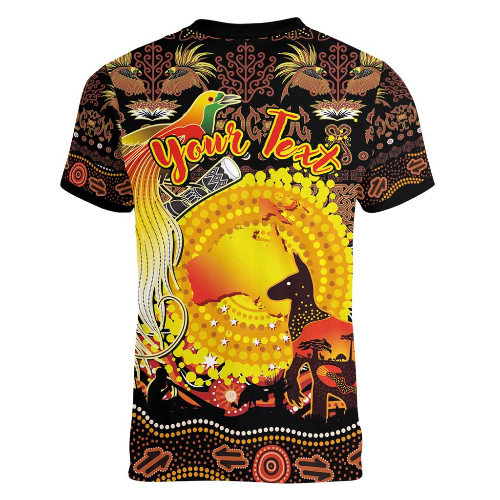 Personalized Australia and Papua New Guinea Together Women V-Neck T-Shirt Kangaroo Aboriginal Art and Bird-of-paradise Oro Tribal Motifs LT03 - Polynesian Pride
