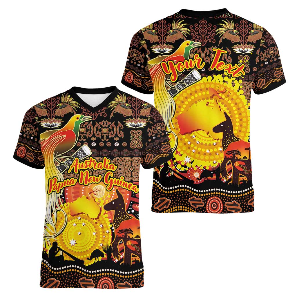 Personalized Australia and Papua New Guinea Together Women V-Neck T-Shirt Kangaroo Aboriginal Art and Bird-of-paradise Oro Tribal Motifs LT03 - Polynesian Pride