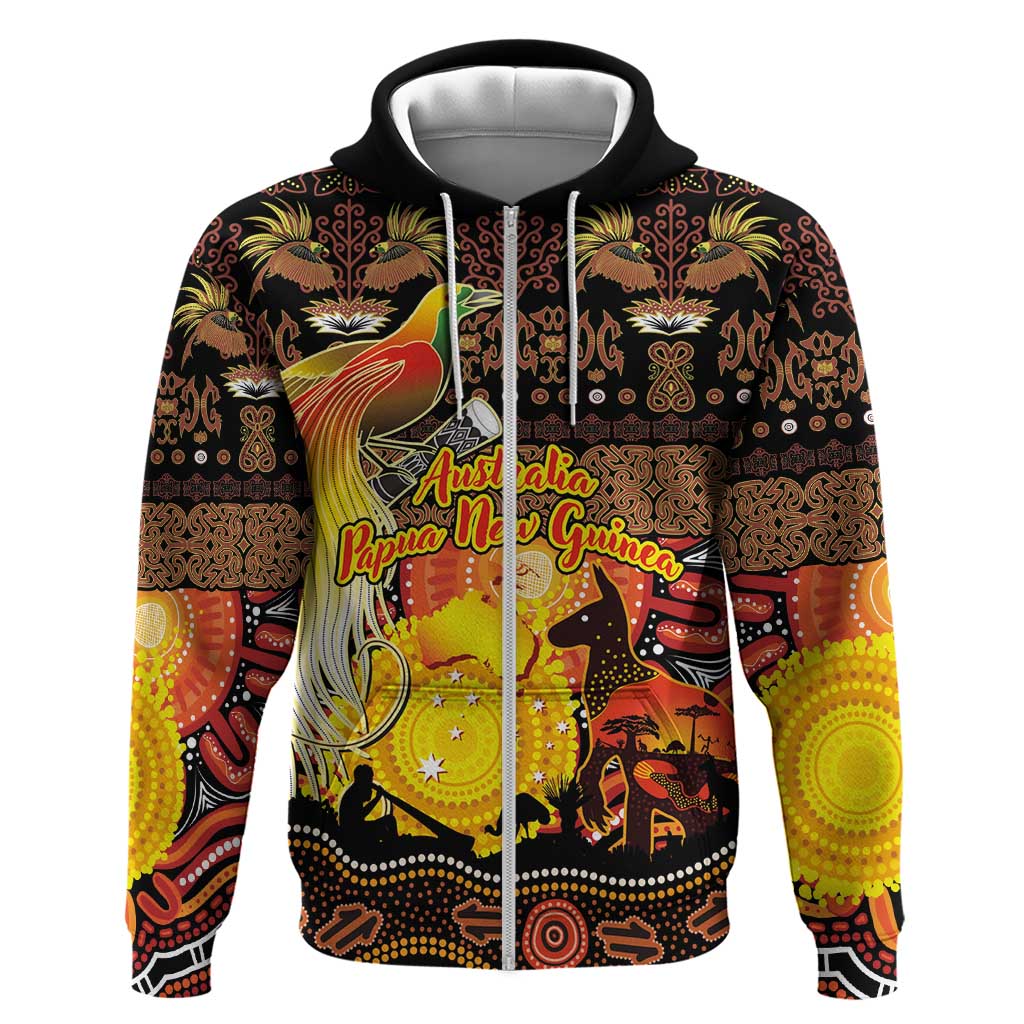 Personalized Australia and Papua New Guinea Together Zip Hoodie Kangaroo Aboriginal Art and Bird-of-paradise Oro Tribal Motifs LT03 Zip Hoodie Black - Polynesian Pride