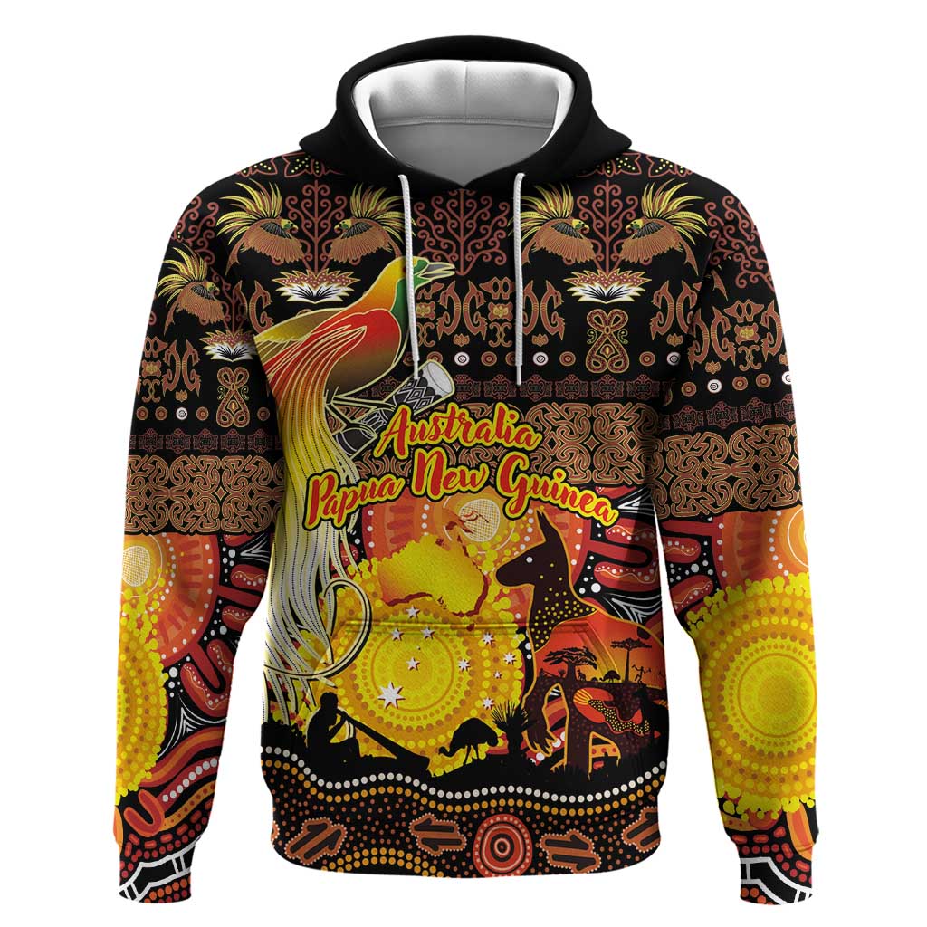 Personalized Australia and Papua New Guinea Together Zip Hoodie Kangaroo Aboriginal Art and Bird-of-paradise Oro Tribal Motifs LT03 Pullover Hoodie Black - Polynesian Pride