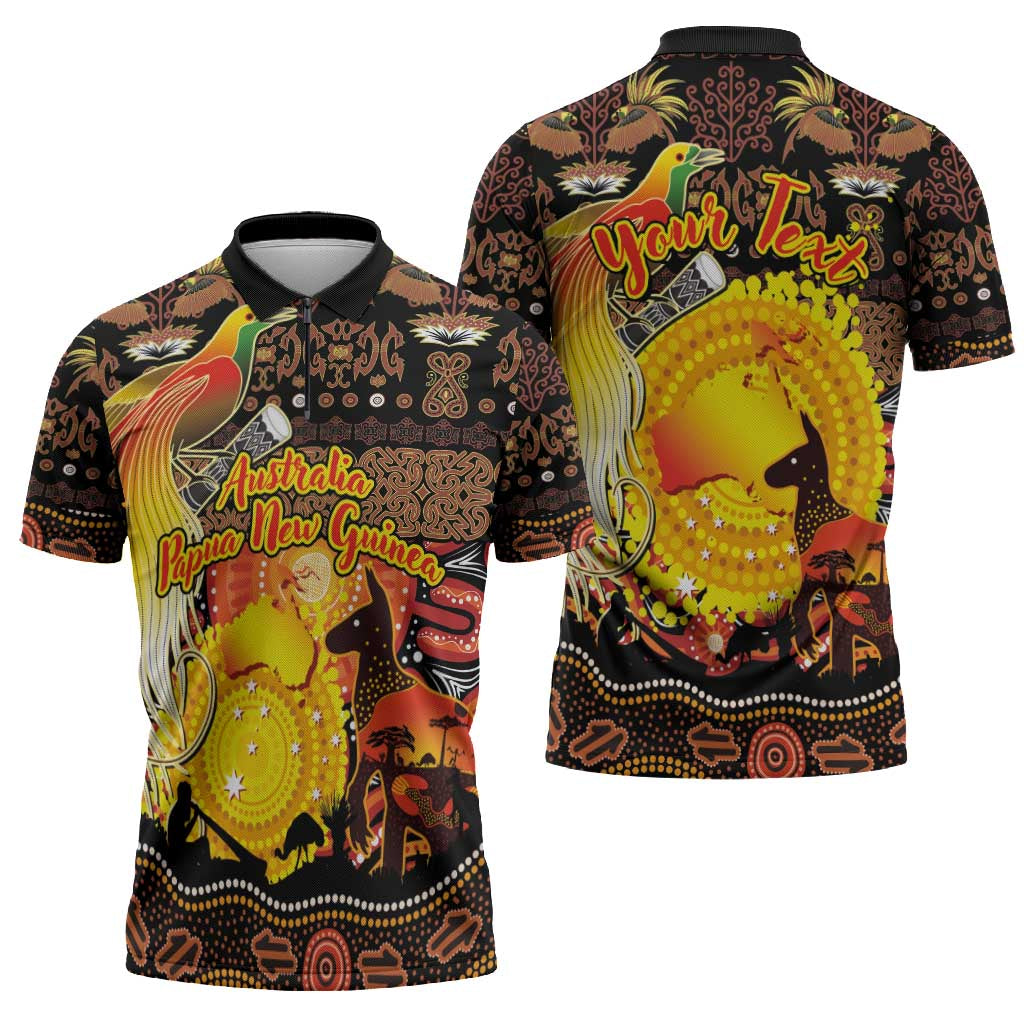 Personalized Australia and Papua New Guinea Together Zipper Polo Shirt Kangaroo Aboriginal Art and Bird-of-paradise Oro Tribal Motifs LT03 - Polynesian Pride