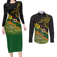 Personalized Chimpu Province Papua New Guinea Couples Matching Long Sleeve Bodycon Dress and Long Sleeve Button Shirt Bird-of-paradise Art Tattoo and Melanesian Motifs LT03 Black - Polynesian Pride