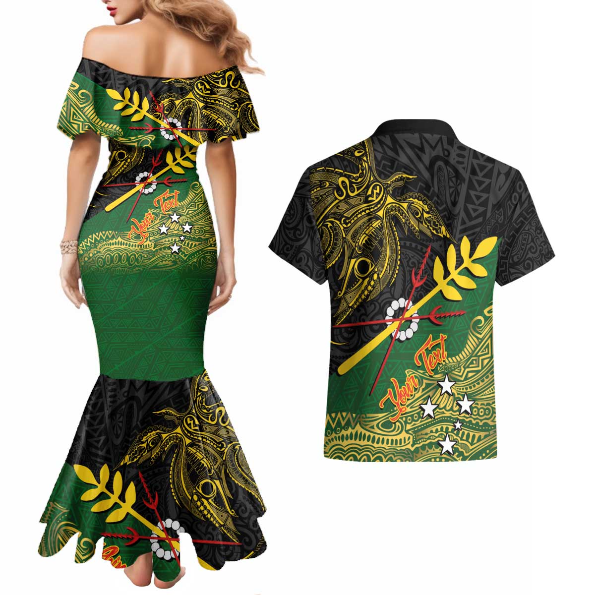 Personalized Chimpu Province Papua New Guinea Couples Matching Mermaid Dress and Hawaiian Shirt Bird-of-paradise Art Tattoo and Melanesian Motifs LT03 - Polynesian Pride