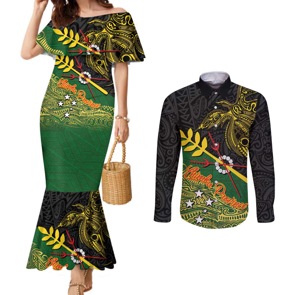 Personalized Chimpu Province Papua New Guinea Couples Matching Mermaid Dress and Long Sleeve Button Shirt Bird-of-paradise Art Tattoo and Melanesian Motifs LT03 Black - Polynesian Pride