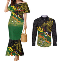 Personalized Chimpu Province Papua New Guinea Couples Matching Mermaid Dress and Long Sleeve Button Shirt Bird-of-paradise Art Tattoo and Melanesian Motifs LT03 Black - Polynesian Pride