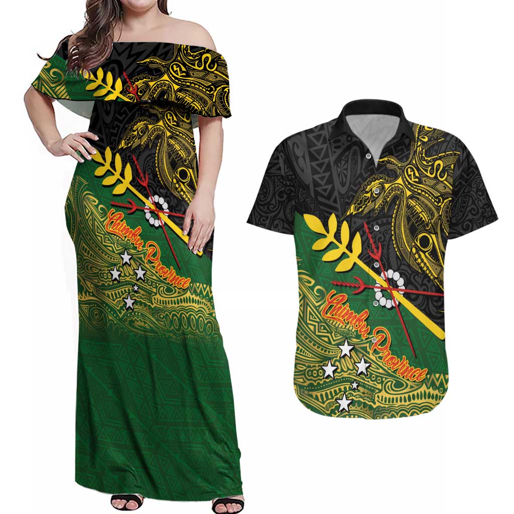 Personalized Chimpu Province Papua New Guinea Couples Matching Off Shoulder Maxi Dress and Hawaiian Shirt Bird-of-paradise Art Tattoo and Melanesian Motifs LT03 Black - Polynesian Pride