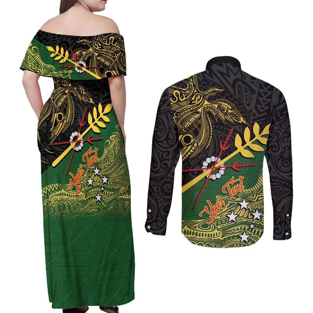 Personalized Chimpu Province Papua New Guinea Couples Matching Off Shoulder Maxi Dress and Long Sleeve Button Shirt Bird-of-paradise Art Tattoo and Melanesian Motifs LT03 - Polynesian Pride