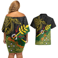 Personalized Chimpu Province Papua New Guinea Couples Matching Off Shoulder Short Dress and Hawaiian Shirt Bird-of-paradise Art Tattoo and Melanesian Motifs LT03 - Polynesian Pride