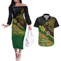 Personalized Chimpu Province Papua New Guinea Couples Matching Off The Shoulder Long Sleeve Dress and Hawaiian Shirt Bird-of-paradise Art Tattoo and Melanesian Motifs LT03 Black - Polynesian Pride