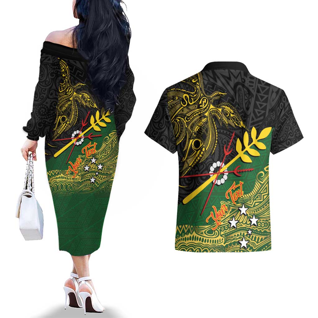 Personalized Chimpu Province Papua New Guinea Couples Matching Off The Shoulder Long Sleeve Dress and Hawaiian Shirt Bird-of-paradise Art Tattoo and Melanesian Motifs LT03 - Polynesian Pride