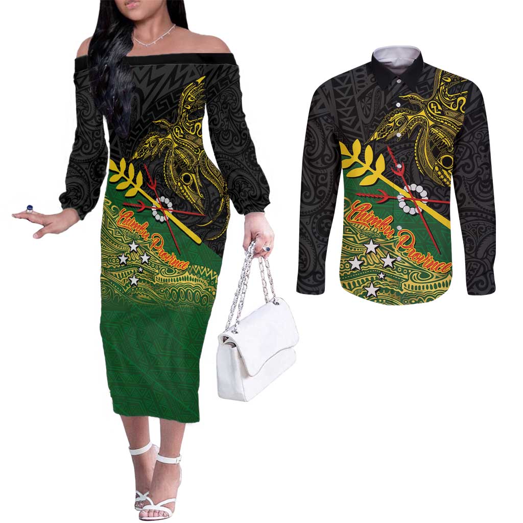 Personalized Chimpu Province Papua New Guinea Couples Matching Off The Shoulder Long Sleeve Dress and Long Sleeve Button Shirt Bird-of-paradise Art Tattoo and Melanesian Motifs - Polynesian Pride