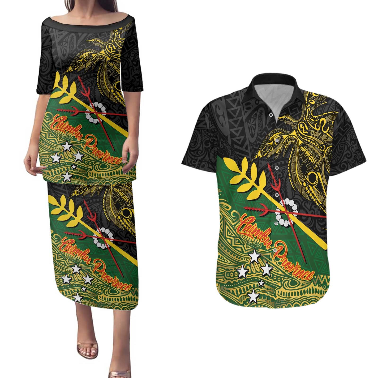 Personalized Chimpu Province Papua New Guinea Couples Matching Puletasi and Hawaiian Shirt Bird-of-paradise Art Tattoo and Melanesian Motifs - Polynesian Pride