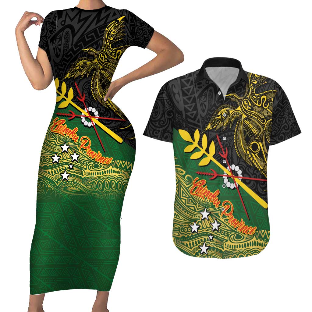 Personalized Chimpu Province Papua New Guinea Couples Matching Short Sleeve Bodycon Dress and Hawaiian Shirt Bird-of-paradise Art Tattoo and Melanesian Motifs LT03 Black - Polynesian Pride