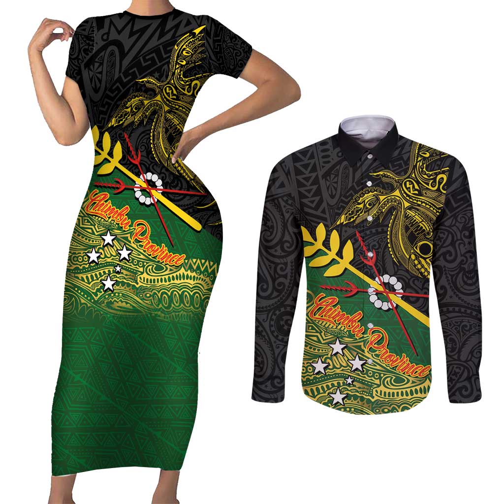 Personalized Chimpu Province Papua New Guinea Couples Matching Short Sleeve Bodycon Dress and Long Sleeve Button Shirt Bird-of-paradise Art Tattoo and Melanesian Motifs LT03 Black - Polynesian Pride