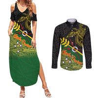 Personalized Chimpu Province Papua New Guinea Couples Matching Summer Maxi Dress and Long Sleeve Button Shirt Bird-of-paradise Art Tattoo and Melanesian Motifs LT03 Black - Polynesian Pride